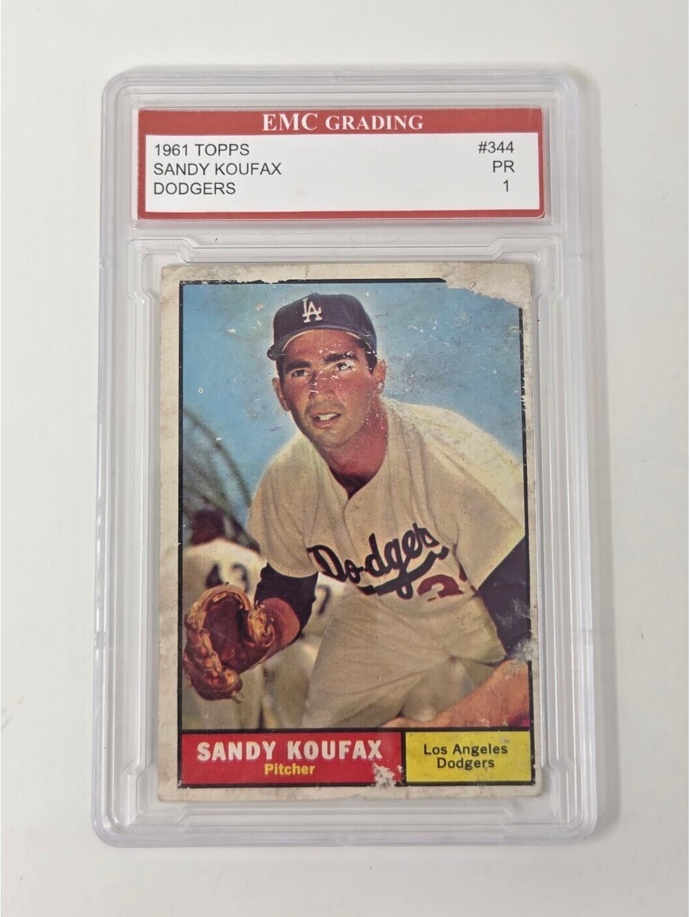 1961 Topps Sandy Koufax 344 Dodgers EMC Grading PR 1 Baseball Card Slab